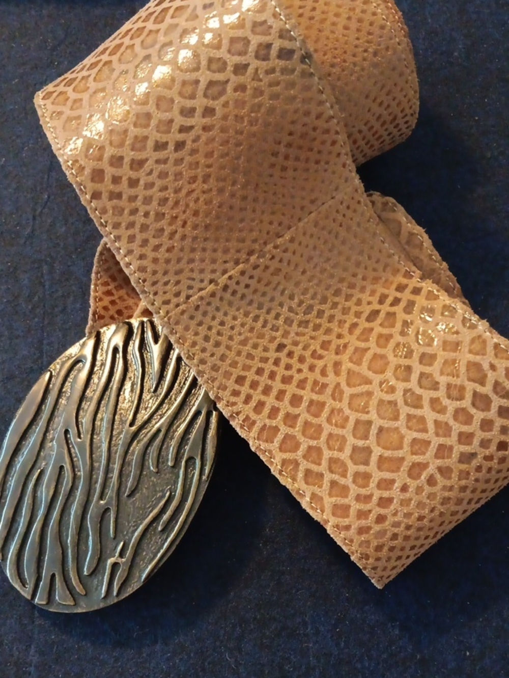 Chico's Tan Textured Leather Belt with Sculpted Metal Buckle